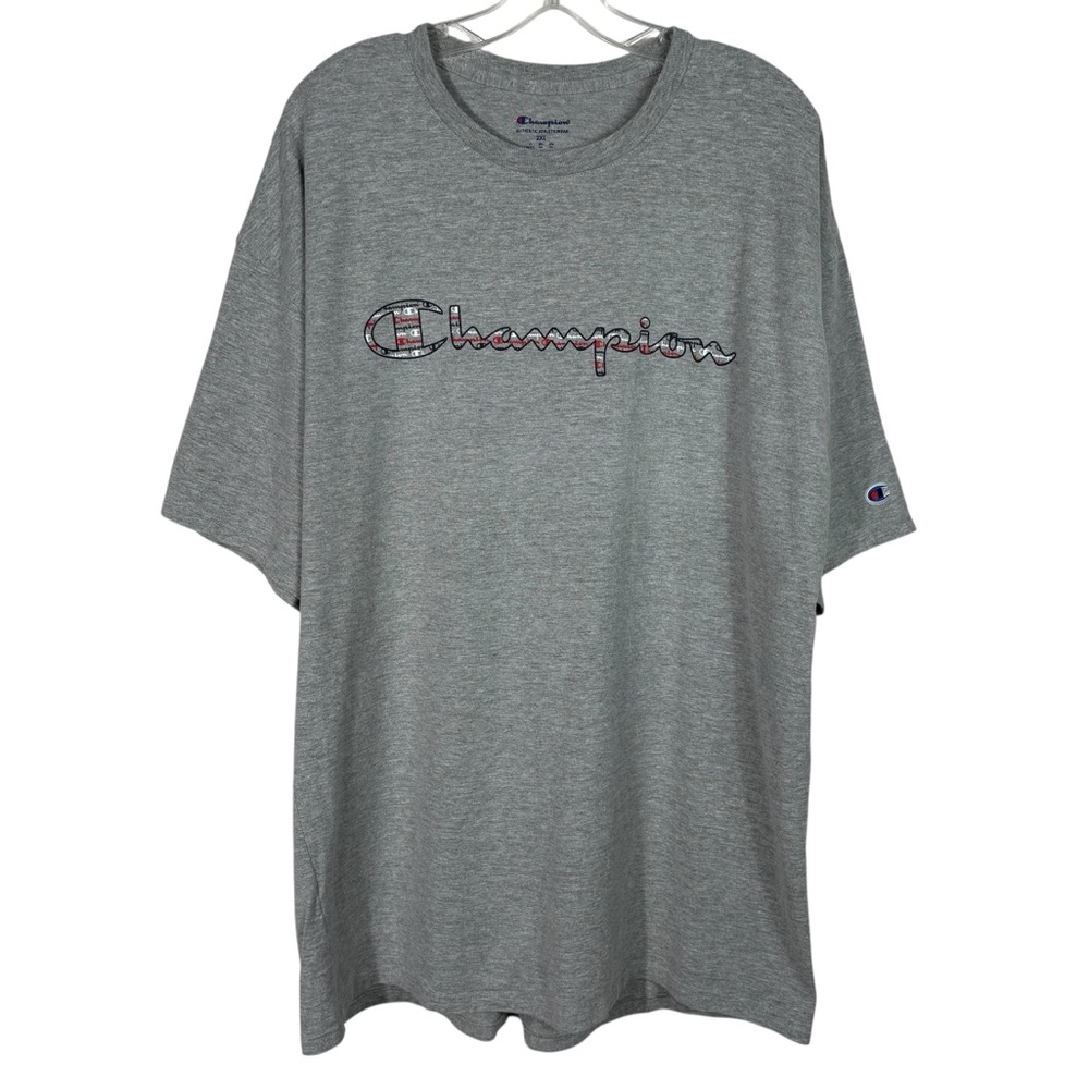 Champion Gray Unisex Short Sleeve Cotton USA Flag Spellout Logo Tee T-Shirt 2XL